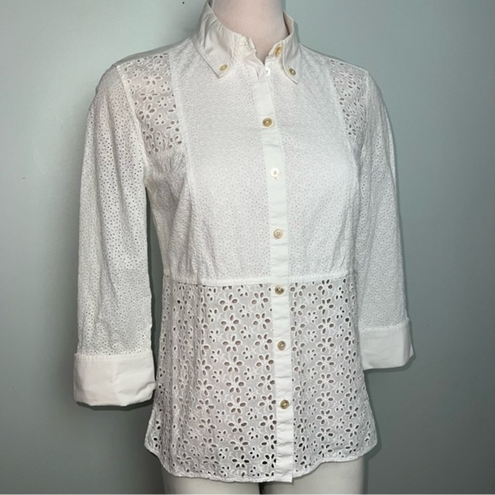 Tory Burch White Eyelet Button Down Blouse Peplum Shirt Size 4 Cotton Lace